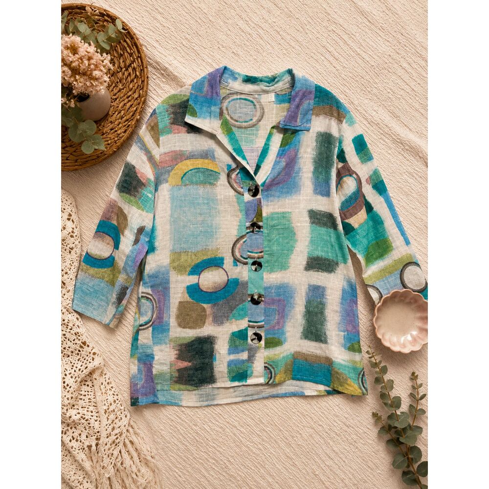 Parsley & Sage Womens Small Abstract Art Print Linen Blend Button Front Blouse